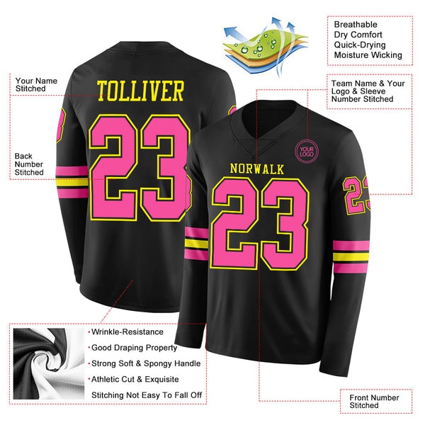 Custom Black Pink-Light Yellow Long Sleeve Authentic Football Jersey alternate