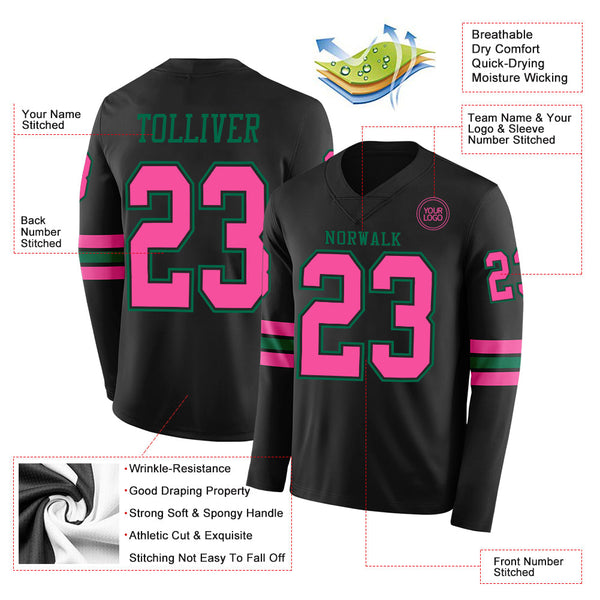 Custom Black Pink-Kelly Green Long Sleeve Authentic Football Jersey alternate