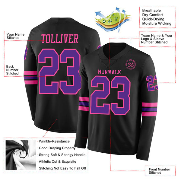 Custom Black Purple-Pink Long Sleeve Authentic Football Jersey alternate