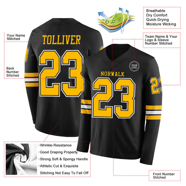 Custom Black Gold-White Long Sleeve Authentic Football Jersey alternate