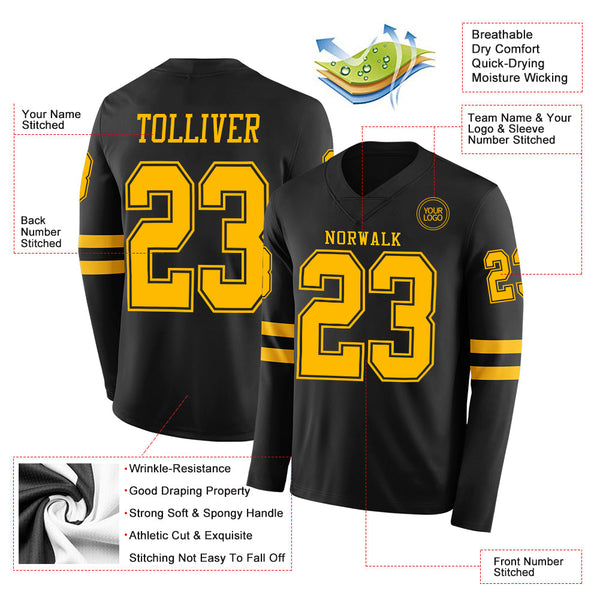 Custom Black Gold Long Sleeve Authentic Football Jersey alternate