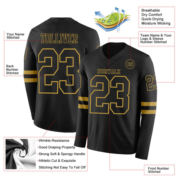 Custom Black Old Gold Long Sleeve Authentic Football Jersey alternate