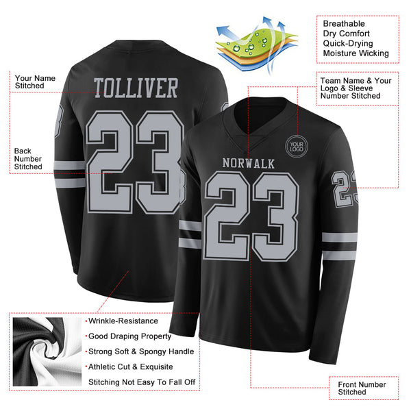 Custom Black Gray Long Sleeve Authentic Football Jersey alternate