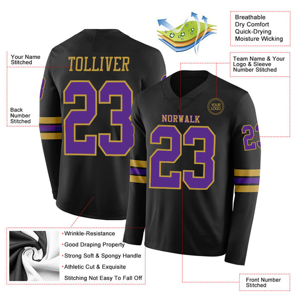 Custom Black Purple-Old Gold Long Sleeve Authentic Football Jersey alternate