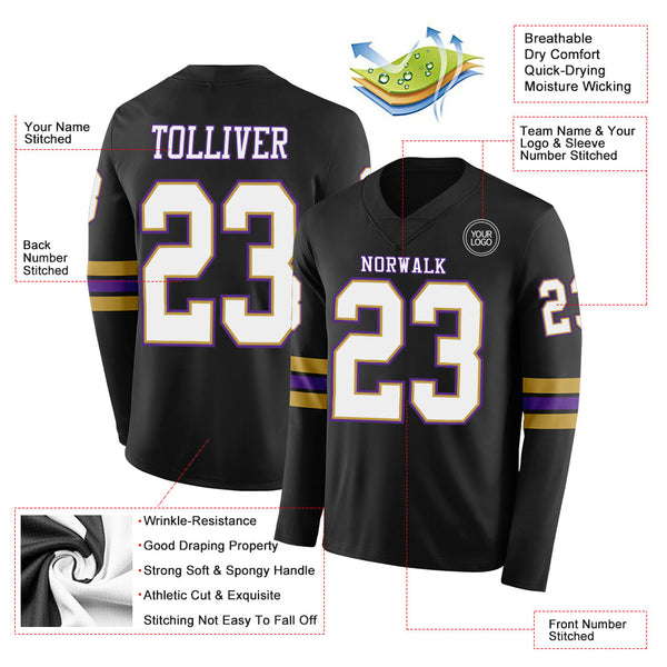 Custom Black White Old Gold-Purple Long Sleeve Authentic Football Jersey alternate