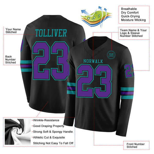 Custom Black Purple-Teal Long Sleeve Authentic Football Jersey alternate