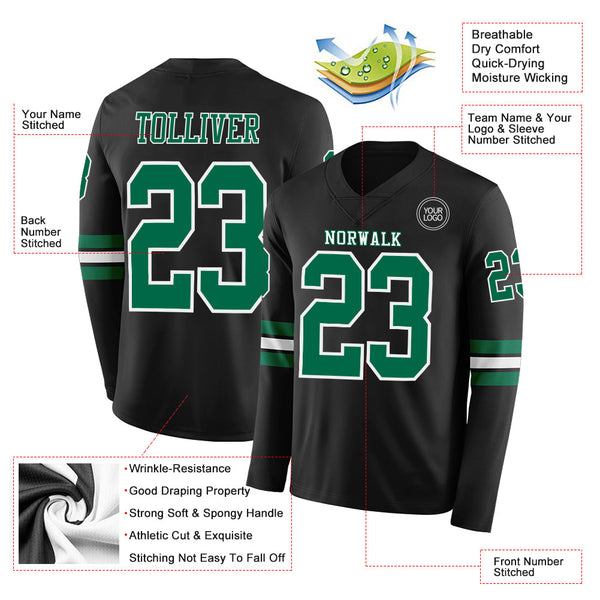 Custom Black Kelly Green-White Long Sleeve Authentic Football Jersey alternate