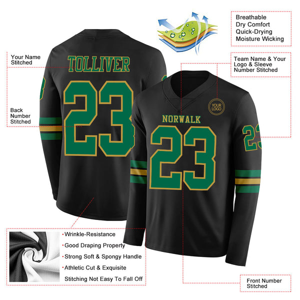 Custom Black Kelly Green-Old Gold Long Sleeve Authentic Football Jersey alternate