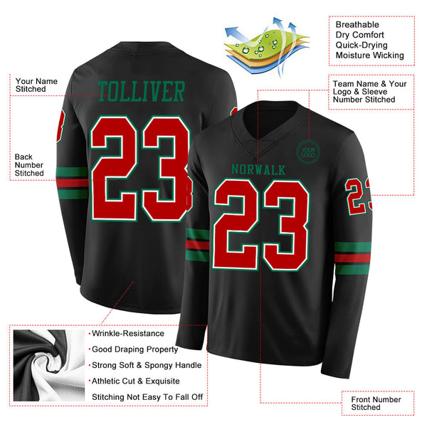 Custom Black Red White-Kelly Green Long Sleeve Authentic Football Jersey alternate