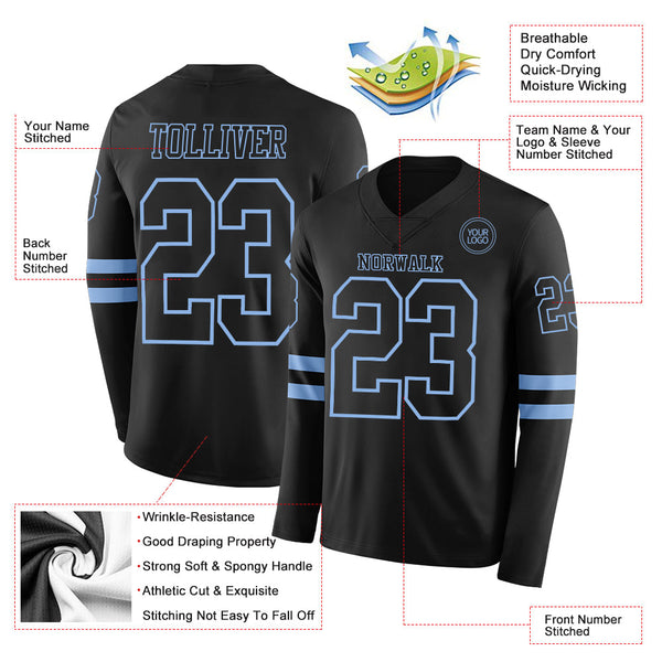 Custom Black Light Blue Long Sleeve Authentic Football Jersey alternate
