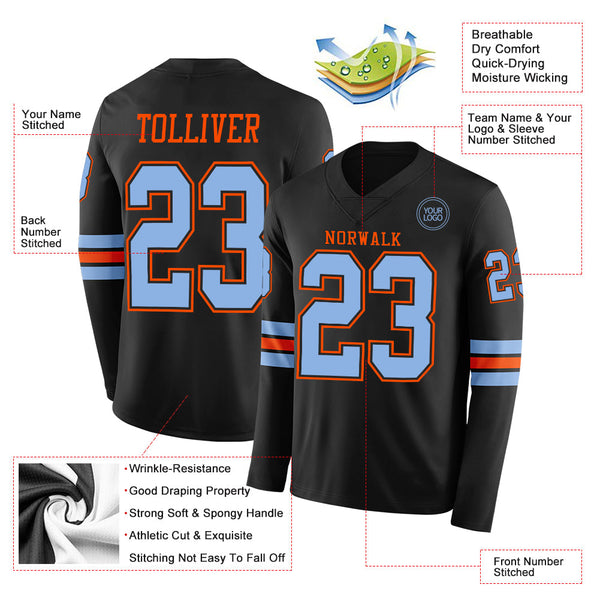 Custom Black Light Blue-Orange Long Sleeve Authentic Football Jersey alternate