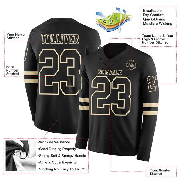 Custom Black Cream Long Sleeve Authentic Football Jersey alternate