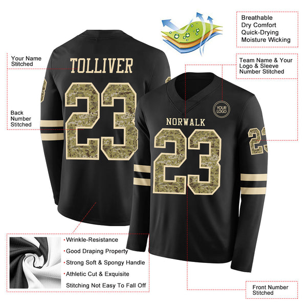 Custom Black Camo-Cream Long Sleeve Authentic Football Jersey alternate