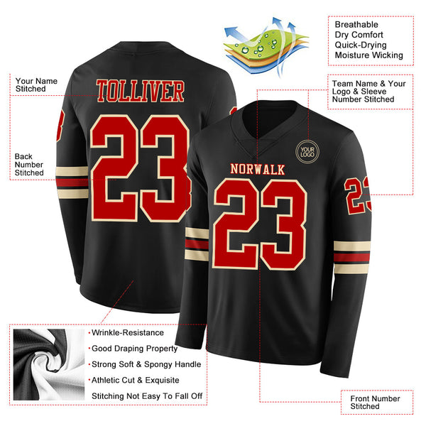 Custom Black Red-Cream Long Sleeve Authentic Football Jersey alternate