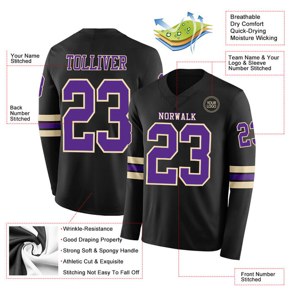 Custom Black Purple-Cream Long Sleeve Authentic Football Jersey alternate