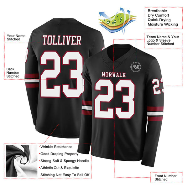 Custom Black White-Crimson Long Sleeve Authentic Football Jersey alternate