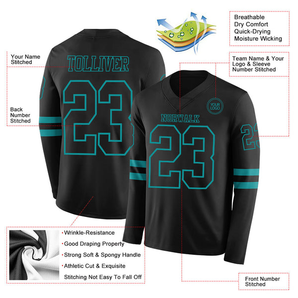 Custom Black Teal Long Sleeve Authentic Football Jersey alternate