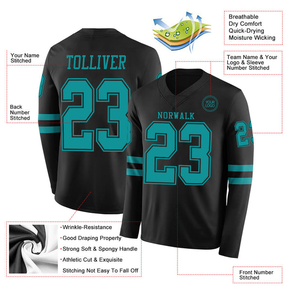 Custom Black Teal Long Sleeve Authentic Football Jersey alternate