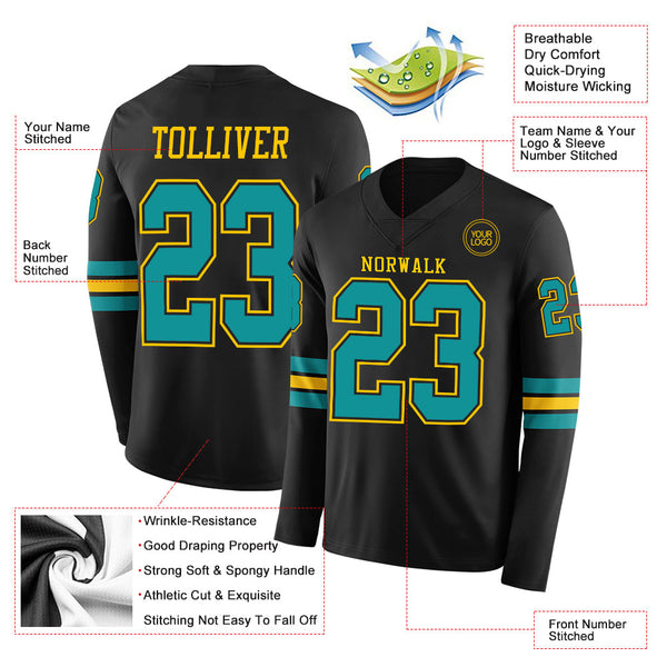 Custom Black Teal-Yellow Long Sleeve Authentic Football Jersey alternate