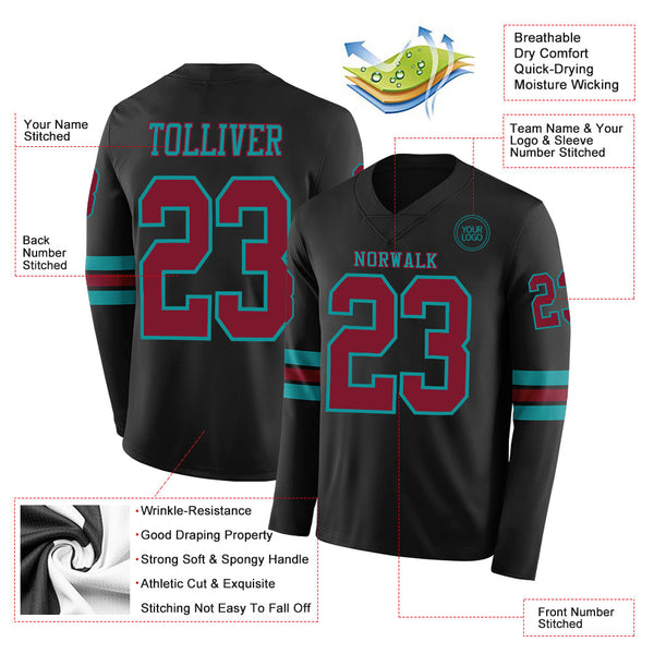 Custom Black Crimson-Teal Long Sleeve Authentic Football Jersey alternate