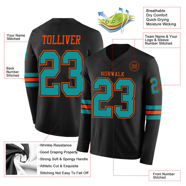 Custom Black Teal-Orange Long Sleeve Authentic Football Jersey alternate