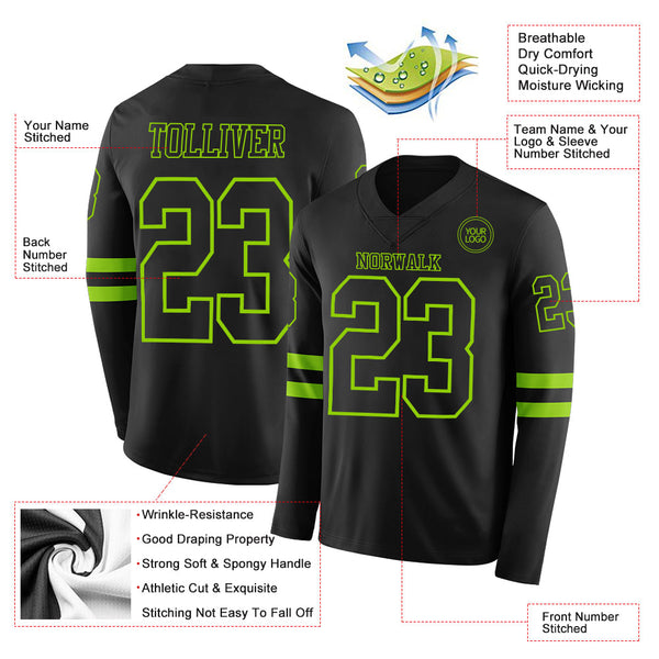 Custom Black Neon Green Long Sleeve Authentic Football Jersey alternate