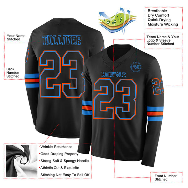 Custom Black Powder Blue-Orange Long Sleeve Authentic Football Jersey alternate