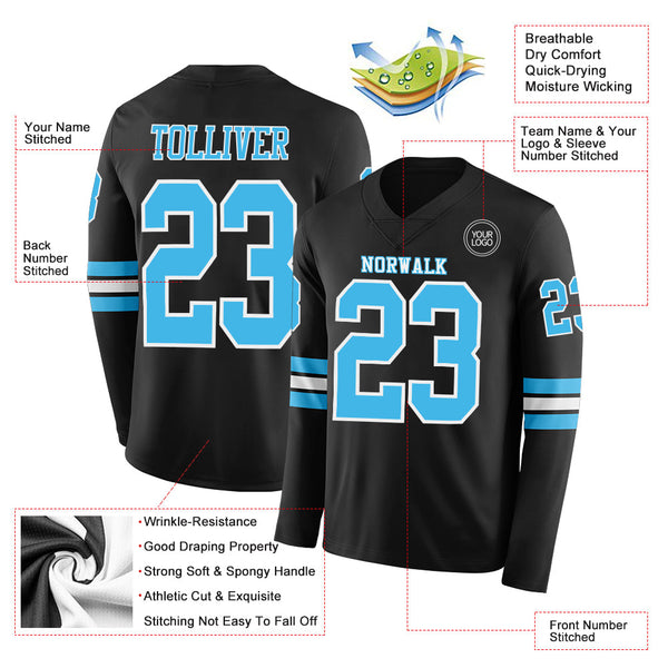 Custom Black Sky Blue-White Long Sleeve Authentic Football Jersey alternate