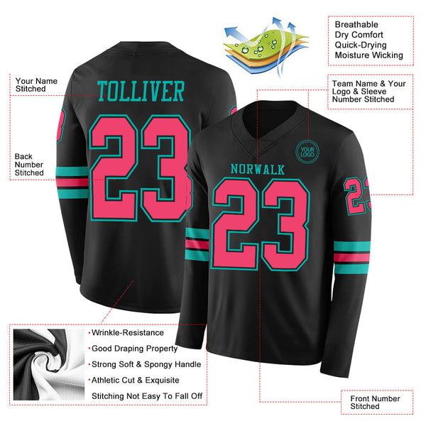 Custom Black Neon Pink-Aqua Long Sleeve Authentic Football Jersey alternate
