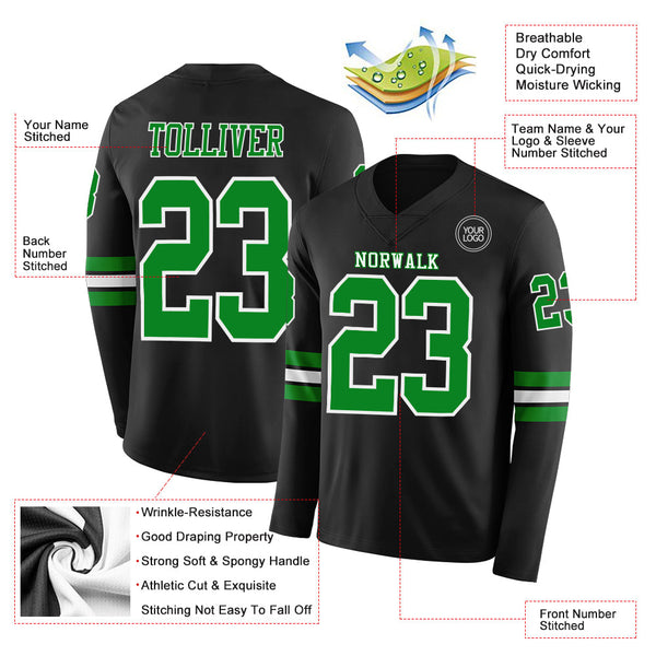 Custom Black Grass Green-White Long Sleeve Authentic Football Jersey alternate