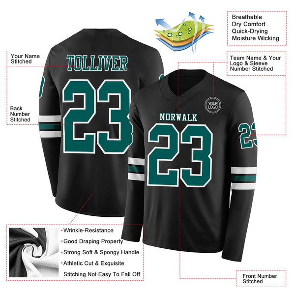 Custom Black Midnight Green-White Long Sleeve Authentic Football Jersey alternate