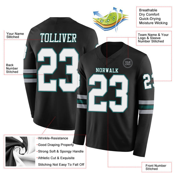 Custom Black White Gray-Midnight Green Long Sleeve Authentic Football Jersey alternate