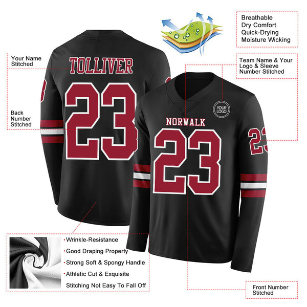 Custom Black Cardinal-White Long Sleeve Authentic Football Jersey alternate
