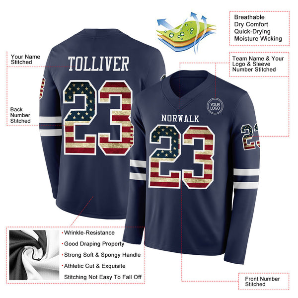Custom Navy Vintage USA Flag-White Long Sleeve Authentic Football Jersey alternate
