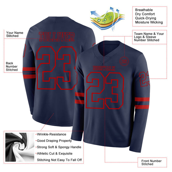 Custom Navy Red Long Sleeve Authentic Football Jersey alternate