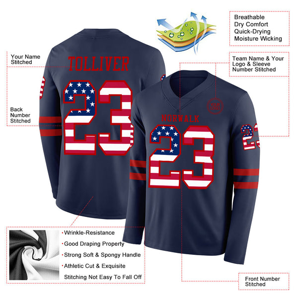 Custom Navy USA Flag-Red Long Sleeve Authentic Football Jersey alternate
