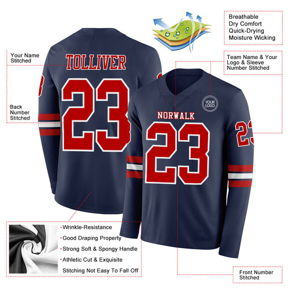 Custom Navy Red-White Long Sleeve Authentic Football Jersey alternate
