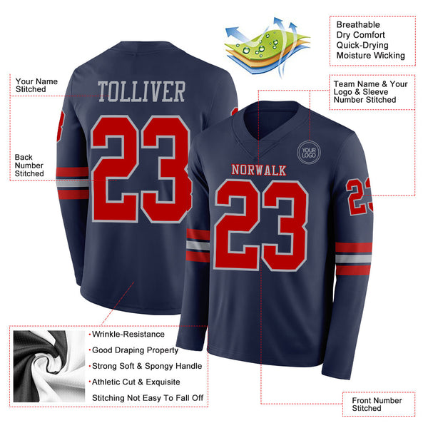 Custom Navy Red-Gray Long Sleeve Authentic Football Jersey alternate
