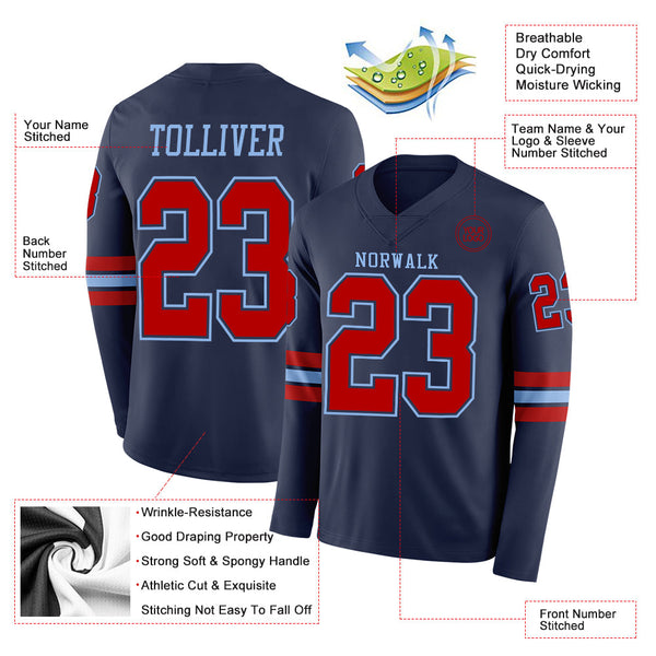 Custom Navy Red-Light Blue Long Sleeve Authentic Football Jersey alternate