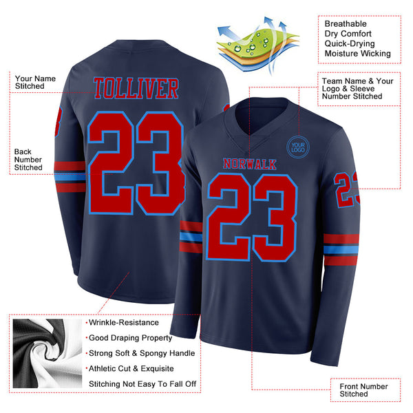 Custom Navy Red-Powder Blue Long Sleeve Authentic Football Jersey alternate