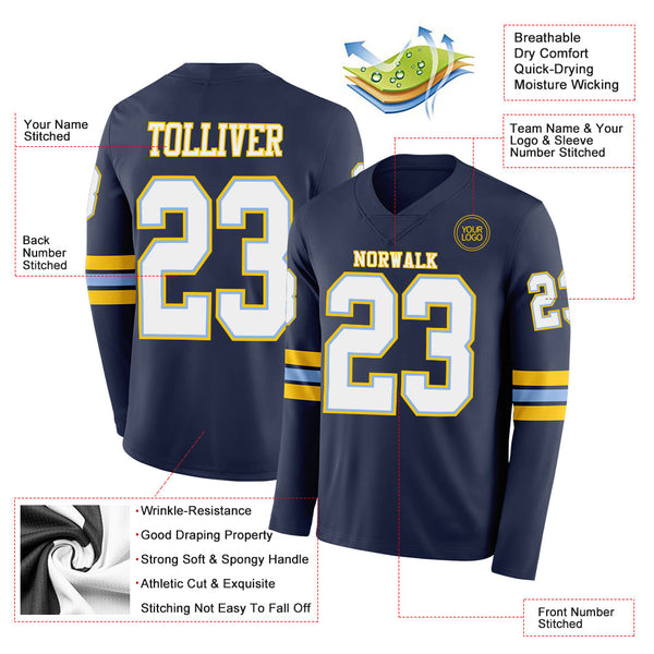Custom Navy White Light Blue-Yellow Long Sleeve Authentic Football Jersey alternate