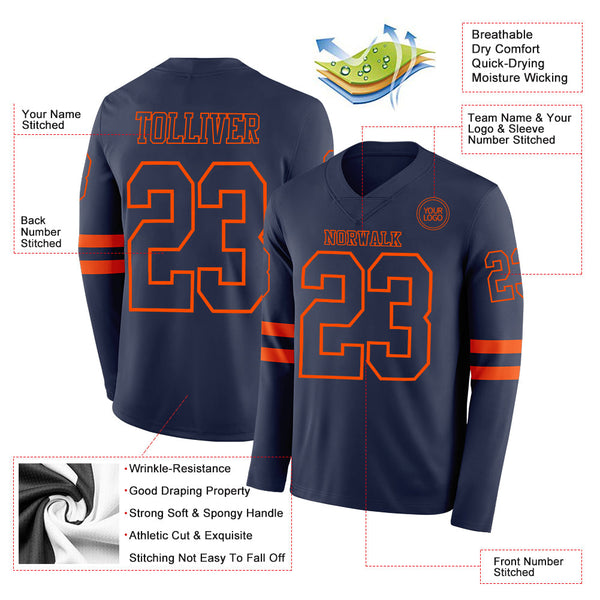 Custom Navy Orange Long Sleeve Authentic Football Jersey alternate