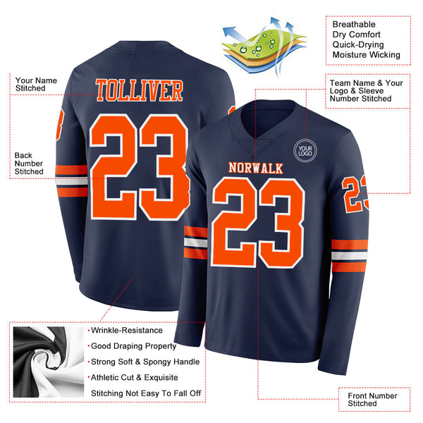 Custom Navy Orange-White Long Sleeve Authentic Football Jersey alternate