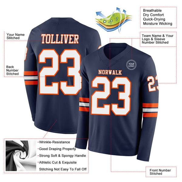 Custom Navy White-Orange Long Sleeve Authentic Football Jersey alternate