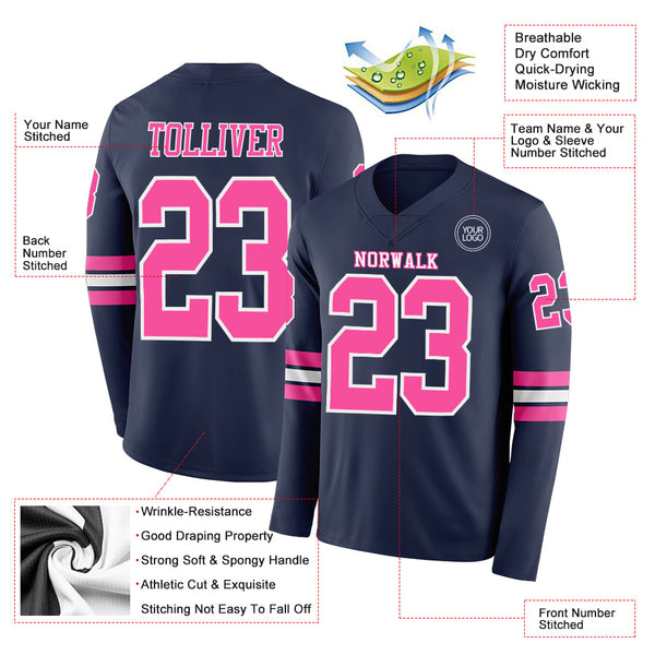 Custom Navy Pink-White Long Sleeve Authentic Football Jersey alternate