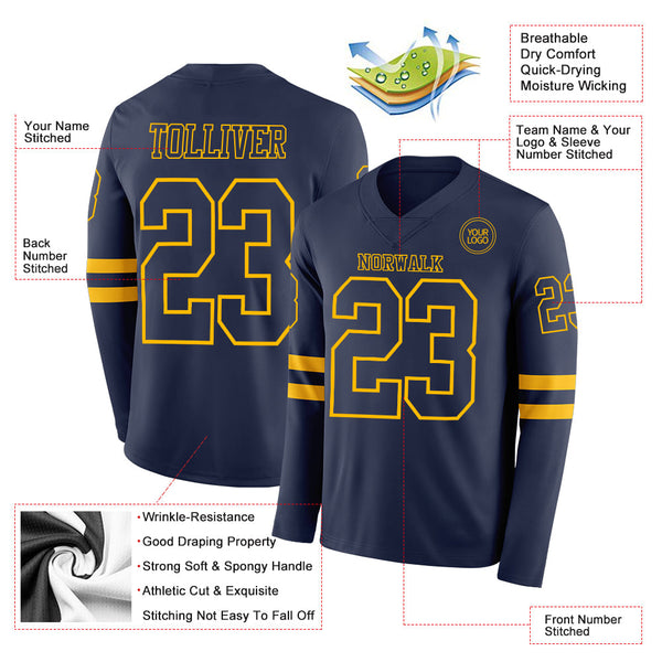 Custom Navy Gold Long Sleeve Authentic Football Jersey alternate