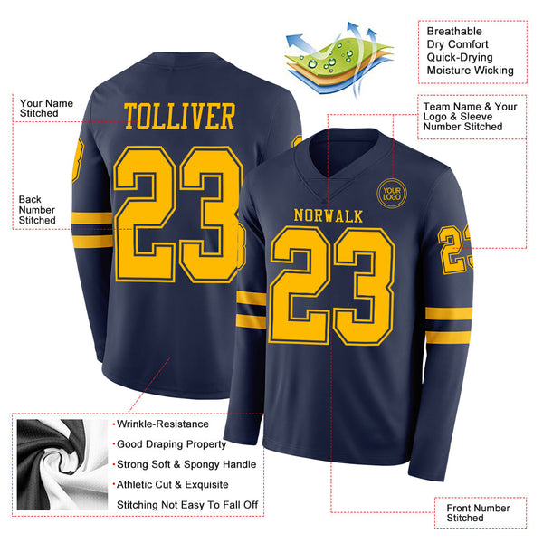 Custom Navy Gold Long Sleeve Authentic Football Jersey alternate