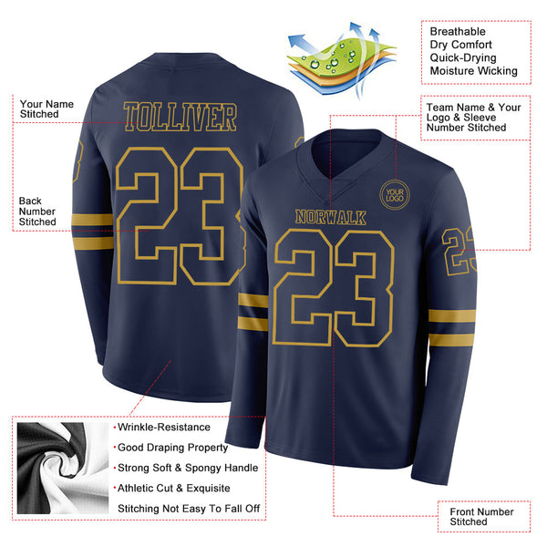 Custom Navy Old Gold Long Sleeve Authentic Football Jersey alternate