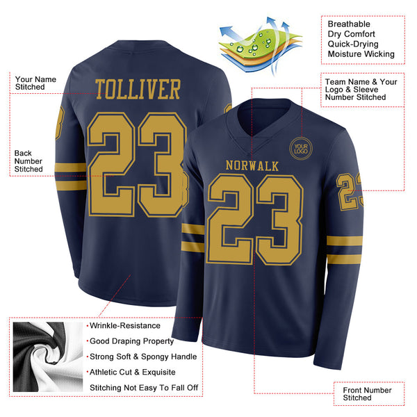 Custom Navy Old Gold Long Sleeve Authentic Football Jersey alternate