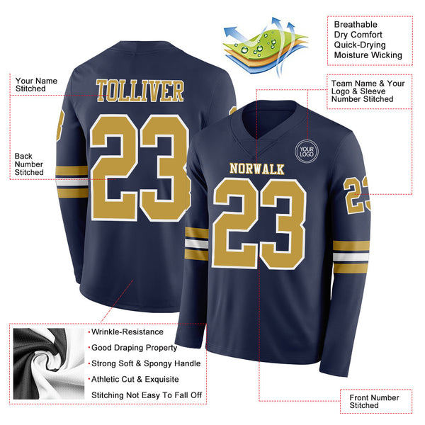 Custom Navy Old Gold-White Long Sleeve Authentic Football Jersey alternate